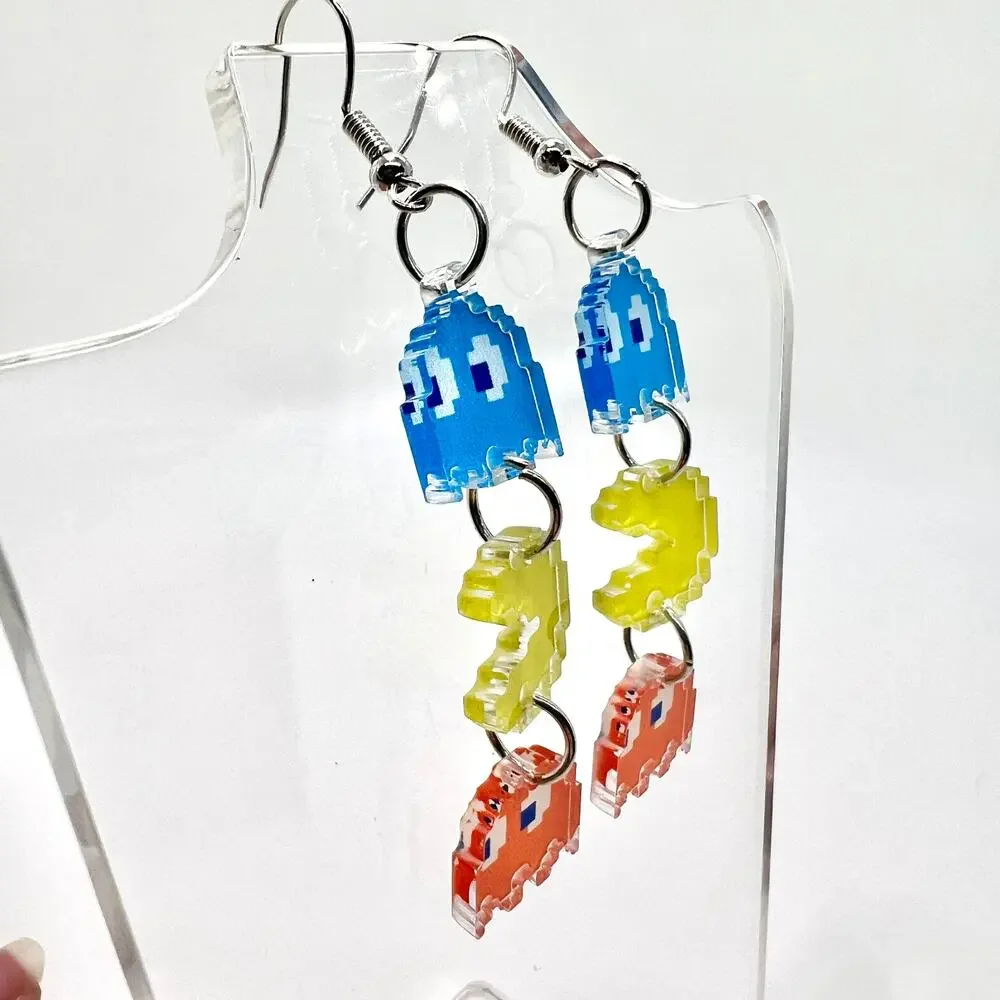 Pacman Earrings - Retro Arcade Dangle Jewelry - Fun Colorful Gamer Style - Picture 2 of 8